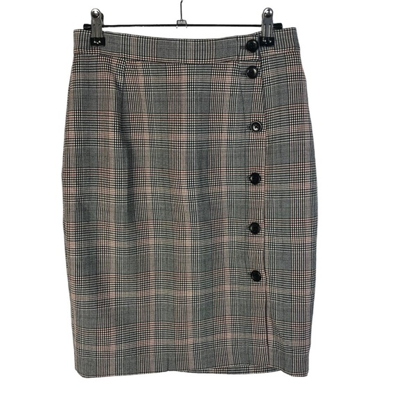 H&M Black & Red Houndstooth Plaid Button Side Knee Length Pencil Skirt 4 - Picture 1 of 3